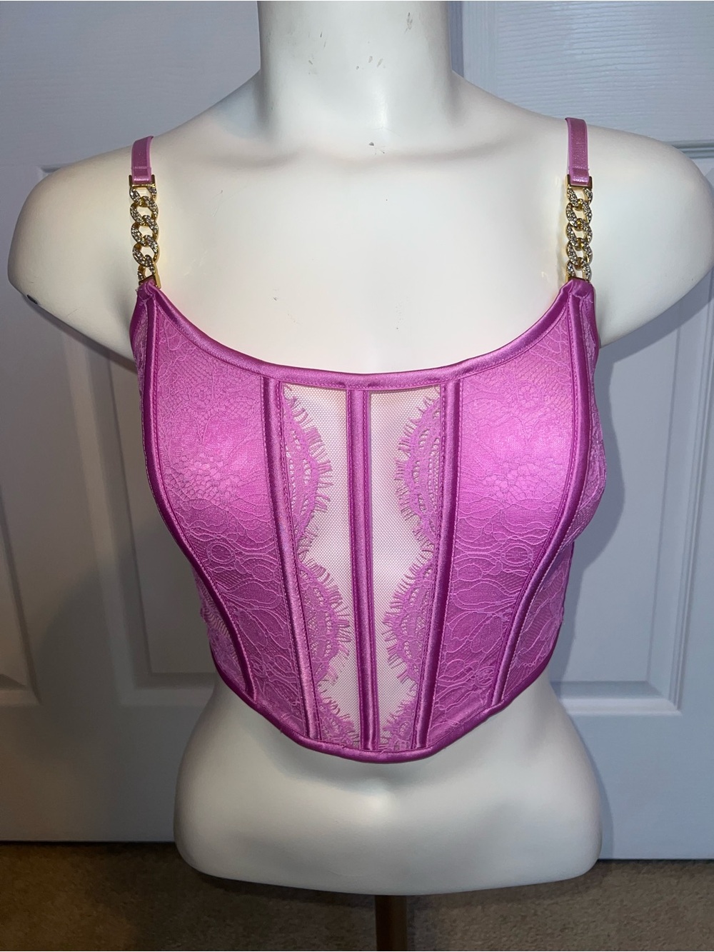 Victoria's Secret Size Small Pink Lace Corset with Gold Chain Straps